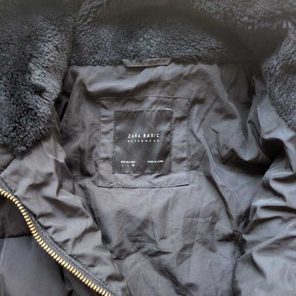 Zara Basic Black Puffer Jacket Faux Fur Lined Hood Women’s L Warm Winter Coat - Picture 7 of 8